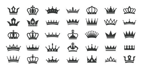 Royal crowns silhouette icons. Queen tiara and King crown, majestic corona authority and premium pictograms. Royalty and luxury stencil vector symbols set.