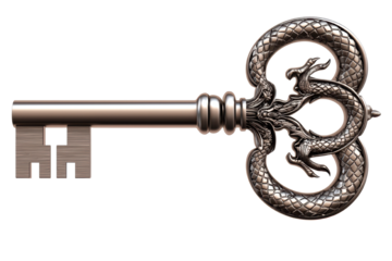 Antique decorative key with dragon design, isolated on white background. isolated on transparent background.