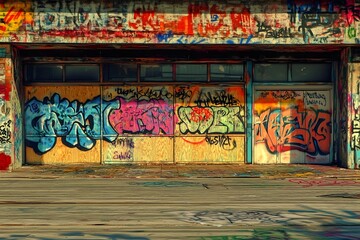 Naklejka premium Graffiti-covered brick wall with a boarded-up entrance and a wooden floor