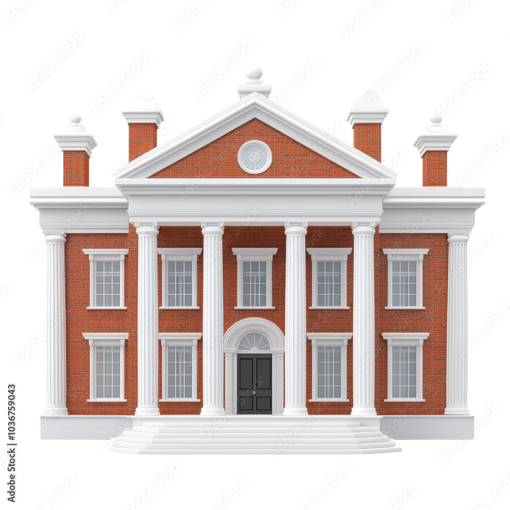 Poster classic architectural building with red brick, white columns, and intricate details, isolated on a w