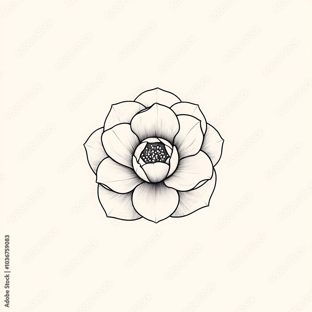 Poster simple line drawing of a single camellia flower on a white background.