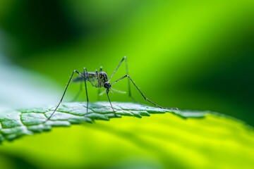 Detailed Macro Capture of Mosquito on Vibrant Green Leaf with Focused Lighting
