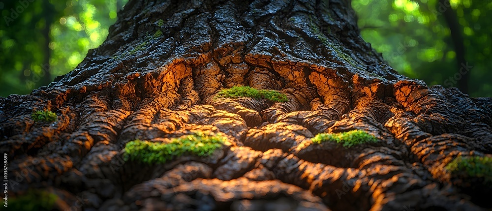 Poster a close-up view of an ancient tree trunk showcasing intricate bark patterns and vivid moss, illumina