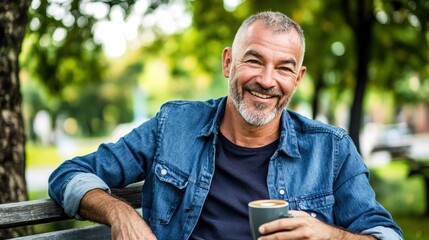 Obraz premium Middle-aged man with slight tremor holding cup of coffee on park bench, symbolizing struggle with Parkinson's disease, calm natural setting.