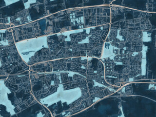 Painterly Style City Map of Basildon, the United Kingdom in a Blue Color Scheme.