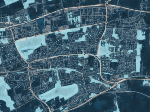 Painterly Style City Map of Basildon, the United Kingdom in a Blue Color Scheme.