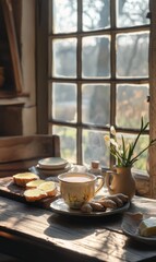 Steaming tea, bread, ginger, flowers, sunlight on wood table.