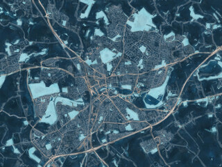 Painterly Style City Map of Bedford, the United Kingdom in a Blue Color Scheme.