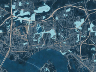 Painterly Style City Map of Grays, the United Kingdom in a Blue Color Scheme.