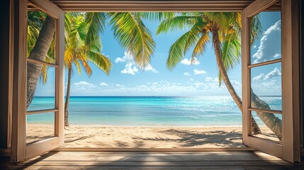 Scenic beach view through open windows, vibrant palm trees and clear ocean water.