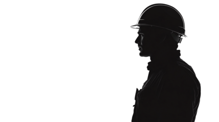 A construction worker is depicted in silhouette, wearing a hard hat, standing confidently against a bright background, representing safety in the building industry.