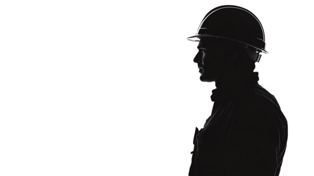 A construction worker is depicted in silhouette, wearing a hard hat, standing confidently against a bright background, representing safety in the building industry. - Powered by Adobe