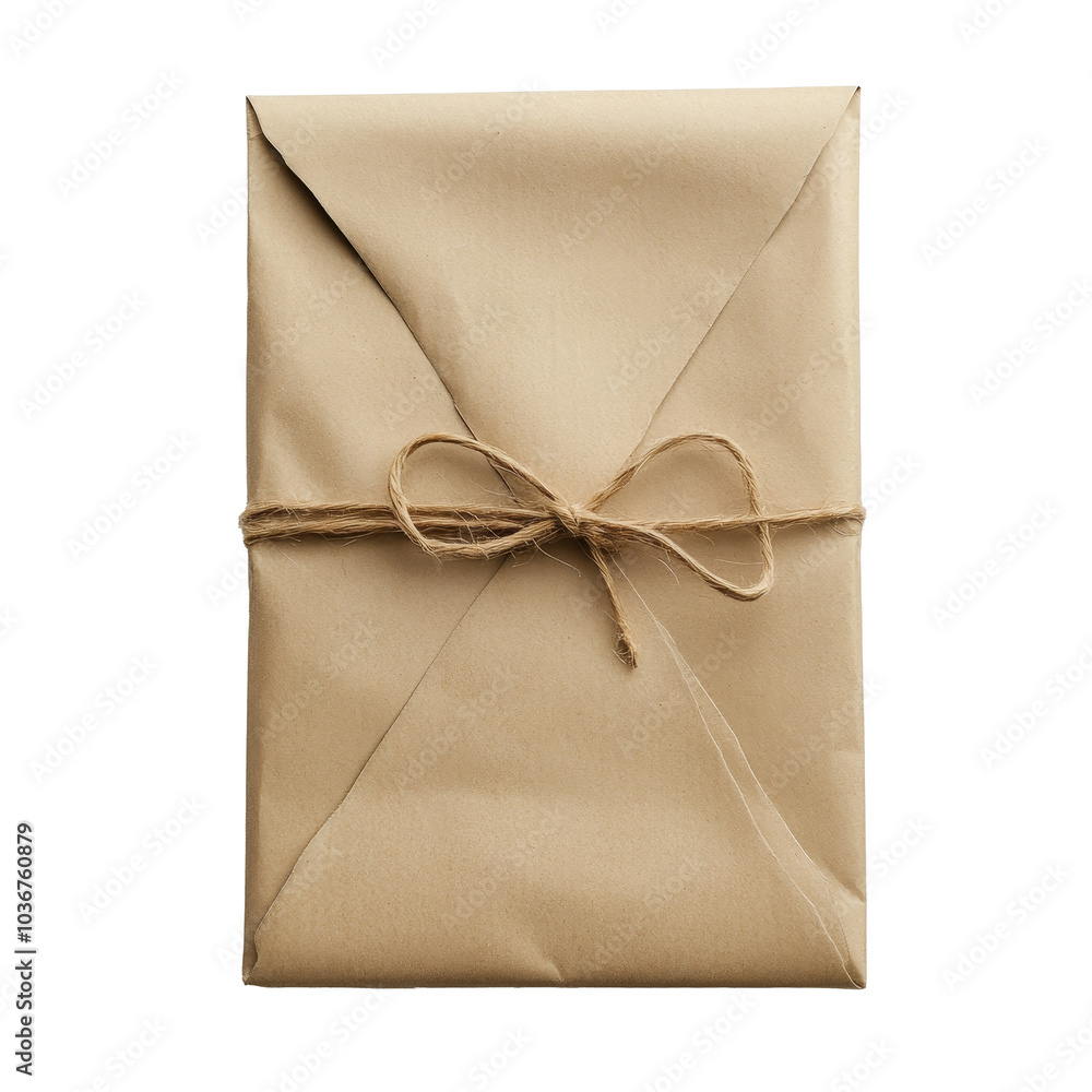 Poster wrapped paper packet tied with twine on a clean transparent background showcasing simple and minimal