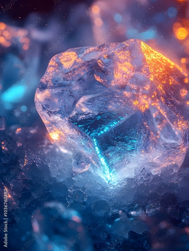 Poster a close-up of intricate crystal formations illuminated with vibrant blue and orange lights, creating