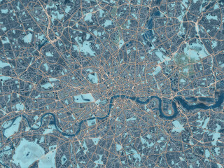 Painterly Style City Map of London, the United Kingdom in a Blue Color Scheme.