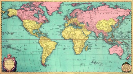 Fototapeta premium Vintage World Map Illustration with Oceans Continents and Countries