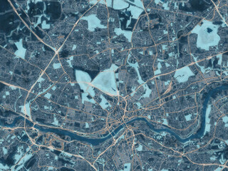 Painterly Style City Map of Newcastle upon Tyne, the United Kingdom in a Blue Color Scheme.