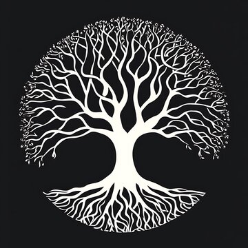 White stylized tree of life illustration with roots and branches on black background.