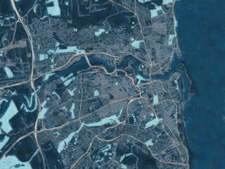 Painterly Style City Map of Sunderland, the United Kingdom in a Blue Color Scheme.