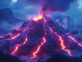 Fototapeta premium A dramatic view of an erupting volcano at twilight, showcasing vibrant lava flows and a smoky, atmospheric background, highlighting the power of nature.