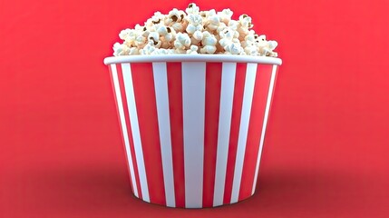 A striped box filled with popcorn, placed on a bright, solid color background, creating a playful and vibrant flat lay design.