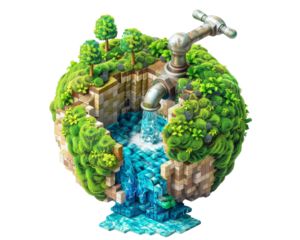 Artistic Representation of a Green Earth with Waterfall and Tap.