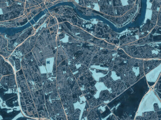 Painterly Style City Map of Gateshead, the United Kingdom in a Blue Color Scheme.