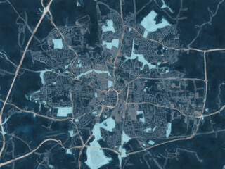 Painterly Style City Map of Darlington, the United Kingdom in a Blue Color Scheme.