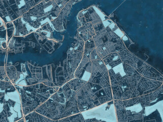 Painterly Style City Map of South Shields, the United Kingdom in a Blue Color Scheme.