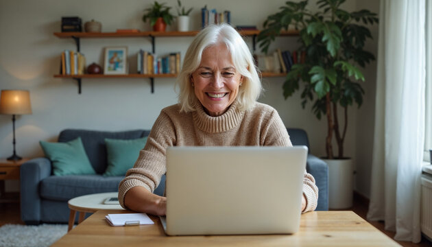 Happy mature middle aged older woman using laptop computer sitting at table in living room, hybrid working, elearning with technology at home, browsing internet, searching online. 