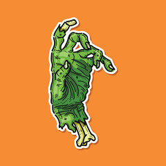 Naklejka premium Green zombie hand vector illustration design sticker style isolated in an orange background. Halloween night