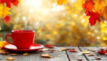Steaming Red Coffee Mug on Rustic Wooden Table with Autumn Leaves, Fall Background with Copy Space