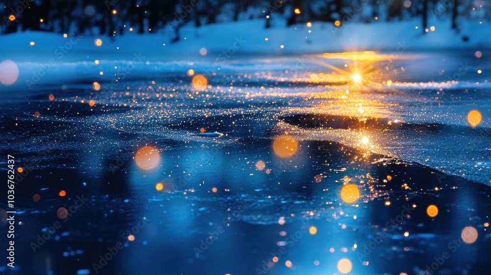 Poster snow blankets the ground, shimmering under the golden hues of the setting sun, creating a tranquil w