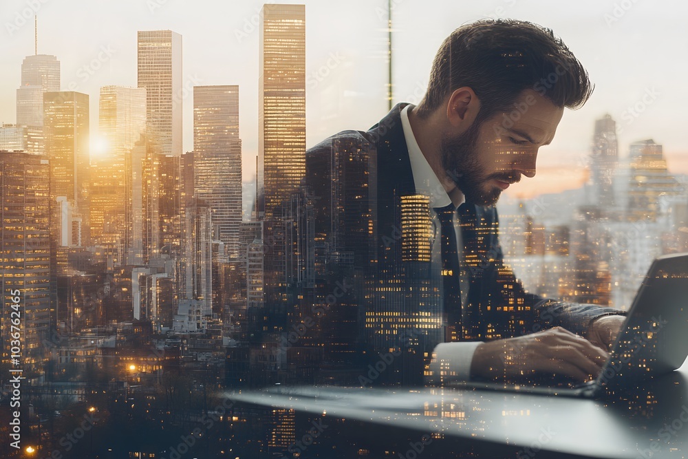 Poster man working on laptop with cityscape reflected in window