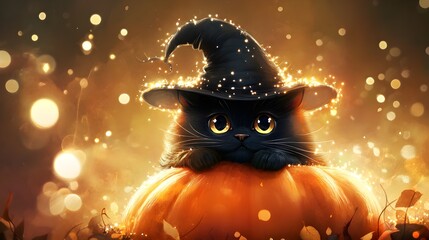 Cute Black Cat Wearing Witch Hat with Pumpkin and Golden Lights for Halloween