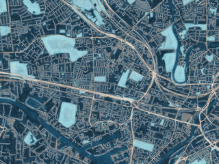 Painterly Style City Map of Salford, the United Kingdom in a Blue Color Scheme.