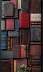 Vintage, leather-bound books arranged on dark background.