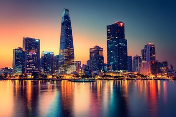 Fototapeta premium Illuminated Skyscrapers Reflected in a Calm Waterway at Twilight