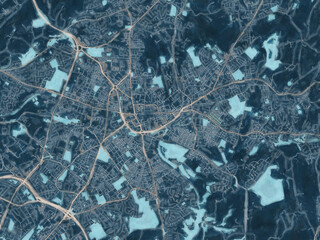 Painterly Style City Map of Oldham, the United Kingdom in a Blue Color Scheme.