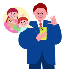 スーツを着たメガネの男性がビデオ通話で幼い娘と息子と会話をする上半身のイラスト