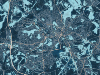 Painterly Style City Map of Wigan, the United Kingdom in a Blue Color Scheme.