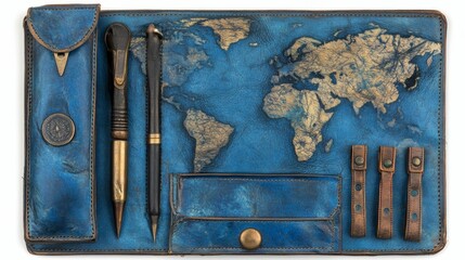 Vintage Leather Travel Journal with World Map  Pens  and Pockets