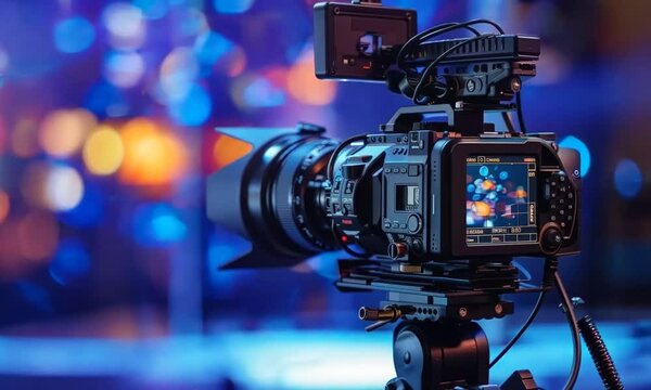 Modern video camera with a digital display recording an interview in a TV show studio. Blurry background. Mass media, television, and technology concepts. Behind the scenes of making of movie and TV