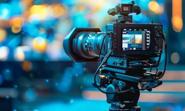 A professional video camera with a long lens mounted on a tripod, actively capturing footage of a live stream in a dynamic and vibrant setting. The scene highlights the camera's role