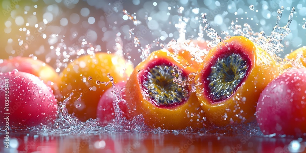 Poster a vibrant display of fresh, cut apricots splashing in water, surrounded by whole fruits. the image c