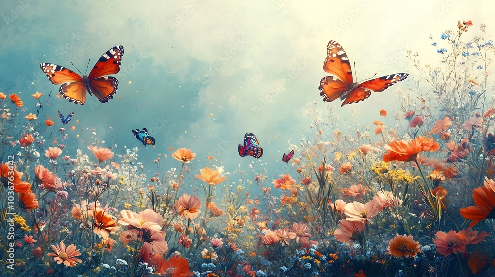 Poster abstract spring background filled with vibrant wildflowers swaying in a gentle breeze accompanied by