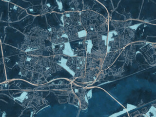 Painterly Style City Map of Widnes, the United Kingdom in a Blue Color Scheme.