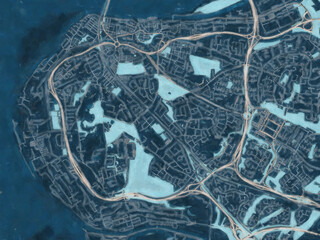 Painterly Style City Map of Runcorn, the United Kingdom in a Blue Color Scheme.