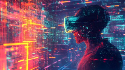 Person wearing VR headset immersed in digital world with glowing lines and shapes