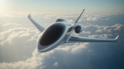 A sleek, futuristic private jet soars above the clouds at sunset.